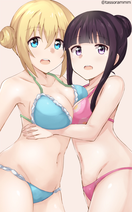 2girls :d bangs bare_arms bare_shoulders beige_background bikini blend_s blonde_hair blue_bikini blue_eyes blunt_bangs blush breasts cleavage collarbone commentary_request cowboy_shot double_bun eyebrows_visible_through_hair groin hair_between_eyes hair_bun hair_up hinata_kaho large_breasts long_hair looking_at_viewer looking_to_the_side multiple_girls navel open_mouth pink_bikini purple_hair sakuranomiya_maika sidelocks simple_background smile swimsuit tasora twitter_username violet_eyes