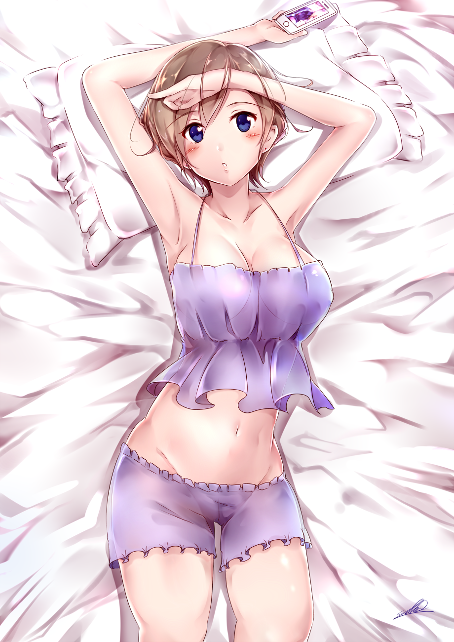 1girl armpits arms_up bare_shoulders blue_eyes blush breasts brown_hair camisole cellphone cleavage collarbone cowboy_shot groin highres kozakura_shiori large_breasts lingerie looking_at_viewer lying navel on_back original parted_lips phone shi-2 shiori_no_uso_wa_yo_no_makoto short_hair smartphone solo stomach underwear underwear_only