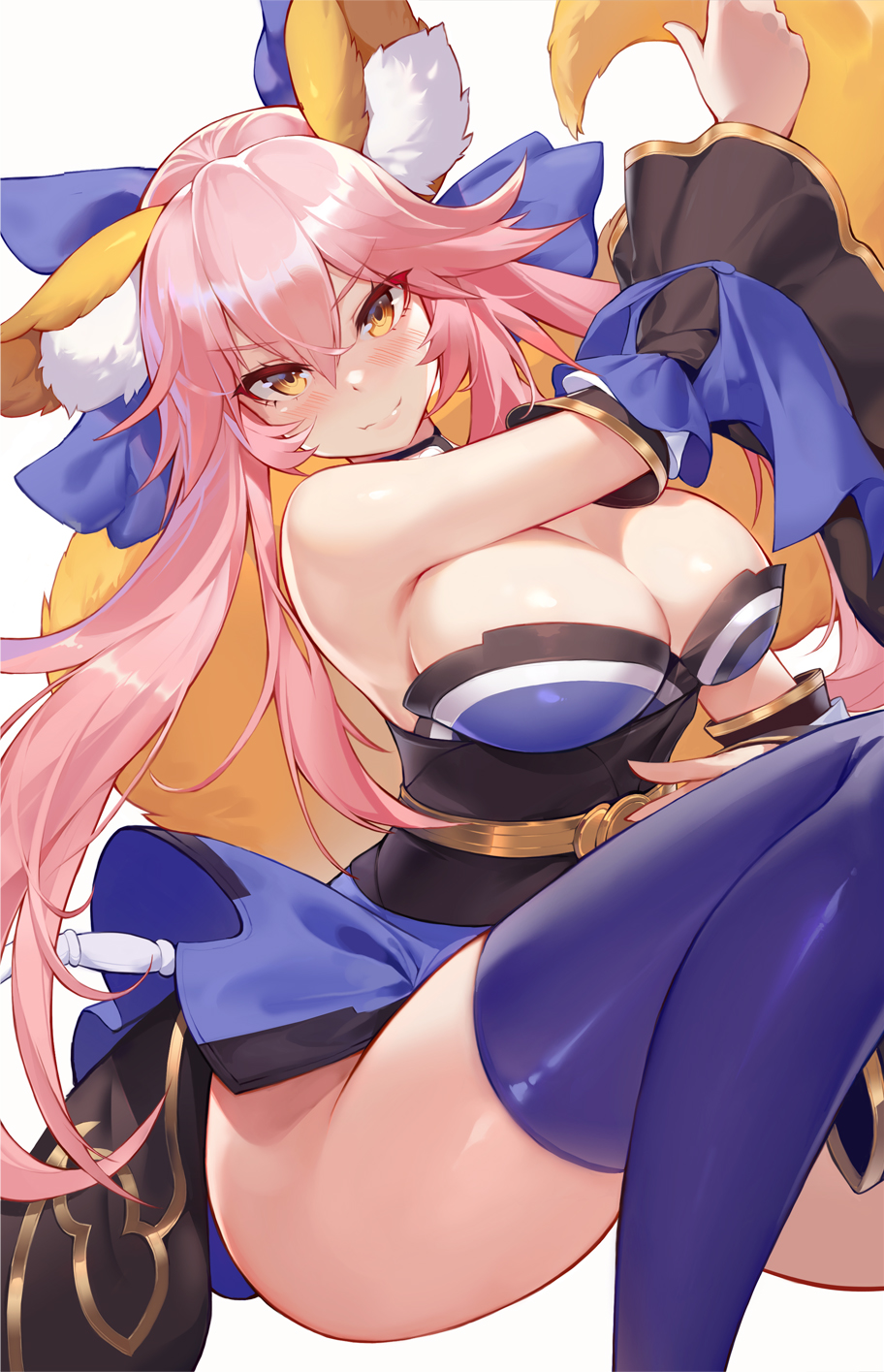 1girl animal_ears bangs bare_shoulders blue_bow blush bow breasts calder cleavage closed_mouth detached_sleeves fate/extra fate_(series) fox_ears fox_tail hair_between_eyes hair_bow hand_up highres japanese_clothes large_breasts lips long_hair looking_at_viewer purple_legwear sash simple_background sitting smile solo tail tamamo_(fate)_(all) tamamo_no_mae_(fate) thigh-highs very_long_hair white_background yellow_eyes