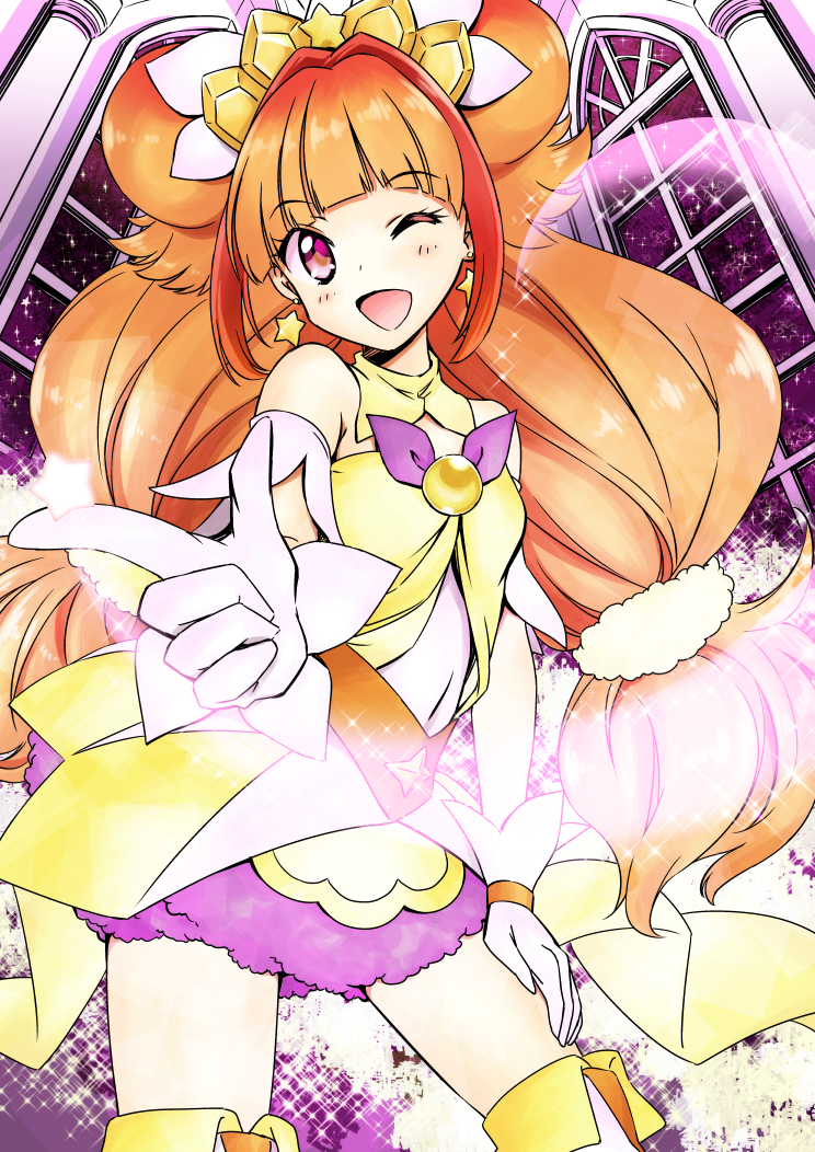 1girl ;d amanogawa_kirara brooch brown_hair cure_twinkle earrings gloves go!_princess_precure hand_on_leg jewelry long_hair low-tied_long_hair magical_girl multicolored_hair naruse_yasuhiro one_eye_closed open_mouth pointing precure quad_tails redhead skirt smile solo star star_earrings star_in_eye streaked_hair symbol_in_eye thigh-highs twintails two-tone_hair violet_eyes white_gloves zettai_ryouiki