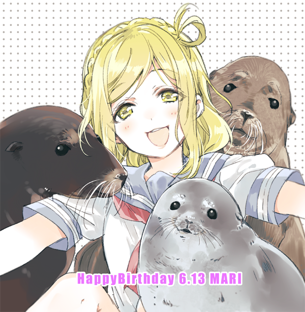 1girl animal ascii_media_works blonde_hair bushiroad character_name dated female happy_birthday human long_hair looking_at_viewer love_live! love_live!_sunshine!! nakayama_miyuki ohara_mari open_mouth polka_dot polka_dot_background school_uniform sea_lion seal serafuku smile solo sunrise_(studio) tokyo_mx upper_teeth uranohoshi_school_uniform yellow_eyes