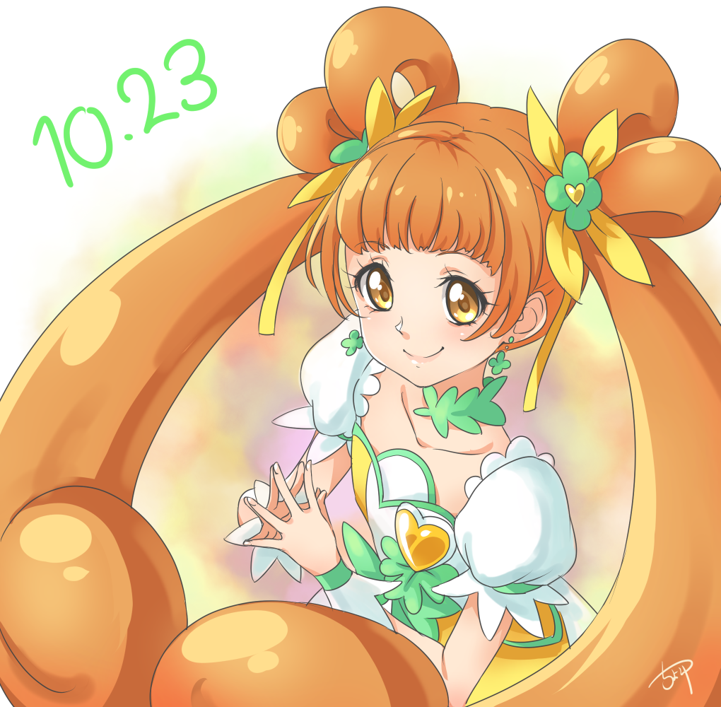 1girl brooch brown_hair chocokin choker closed_mouth cure_rosetta dated dokidoki!_precure double_bun earrings fingers_together green_neckwear jewelry long_hair looking_at_viewer magical_girl multicolored multicolored_background precure smile solo twintails upper_body yellow_eyes yotsuba_alice