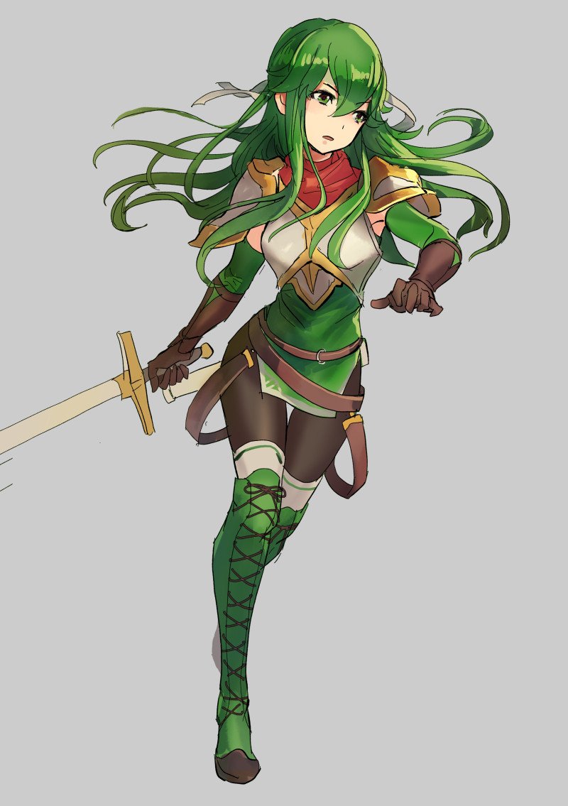 1girl armor boots breasts elbow_gloves fingerless_gloves fire_emblem fire_emblem:_mystery_of_the_emblem gloves green_eyes green_hair hashiko_(neleven) headband long_hair looking_at_viewer paola pegasus_knight skirt smile solo thigh-highs