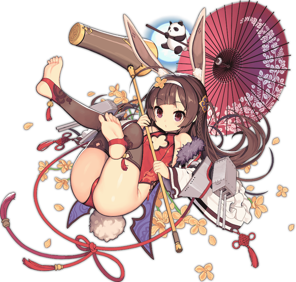 1girl ahoge animal_ears ass azur_lane bangs black_legwear braid breasts brown_hair cleavage_cutout eyebrows eyelashes fake_animal_ears fake_tail feet floating_hair flower full_body full_moon fur_trim hairband leotard long_hair machinery mallet moon official_art oriental_umbrella panda ping_hai_(azur_lane) pink_eyes red_leotard simple_background small_breasts solo toeless_legwear toes transparent_background tsliuyixin turret umbrella white_hairband