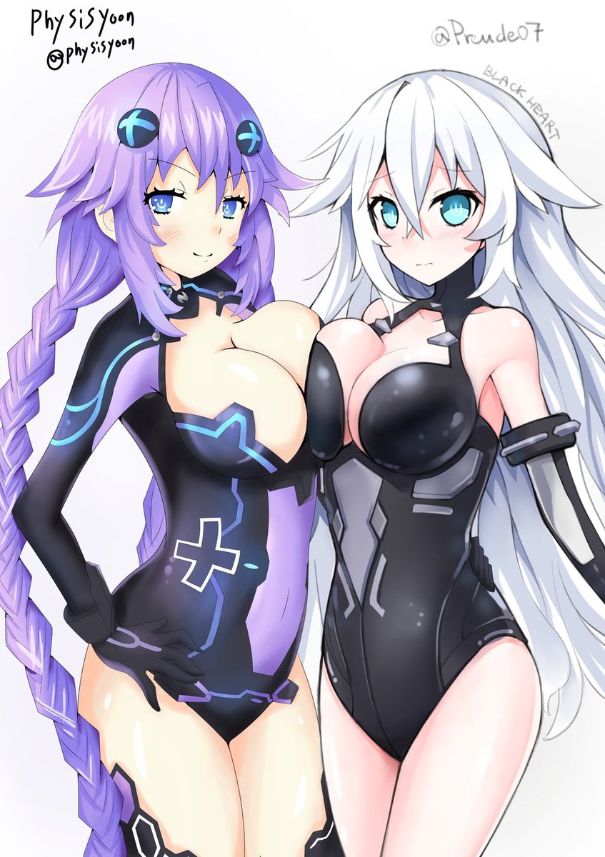 2girls :/ bare_shoulders black_heart blue_eyes blush braid breast_press breasts character_name cleavage cleavage_cutout collaboration cowboy_shot elbow_gloves gloves hair_ornament hand_on_another's_hip hands_on_hips highres large_breasts leotard long_hair looking_at_viewer multiple_girls neptune_(series) physisyoon power_suit purerin purple_hair purple_heart simple_background smile symbol-shaped_pupils symmetrical_docking thigh-highs twin_braids twintails very_long_hair white_background white_hair