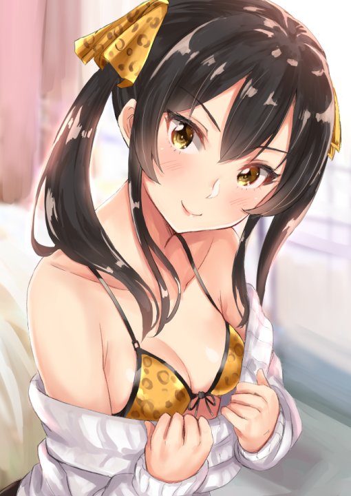 1girl bare_shoulders bikini_top black_hair hair_ribbon head_tilt idolmaster idolmaster_cinderella_girls long_hair matoba_risa ribbed_sweater ribbon sg_(esujii) smile sweater twintails upper_body yellow_eyes