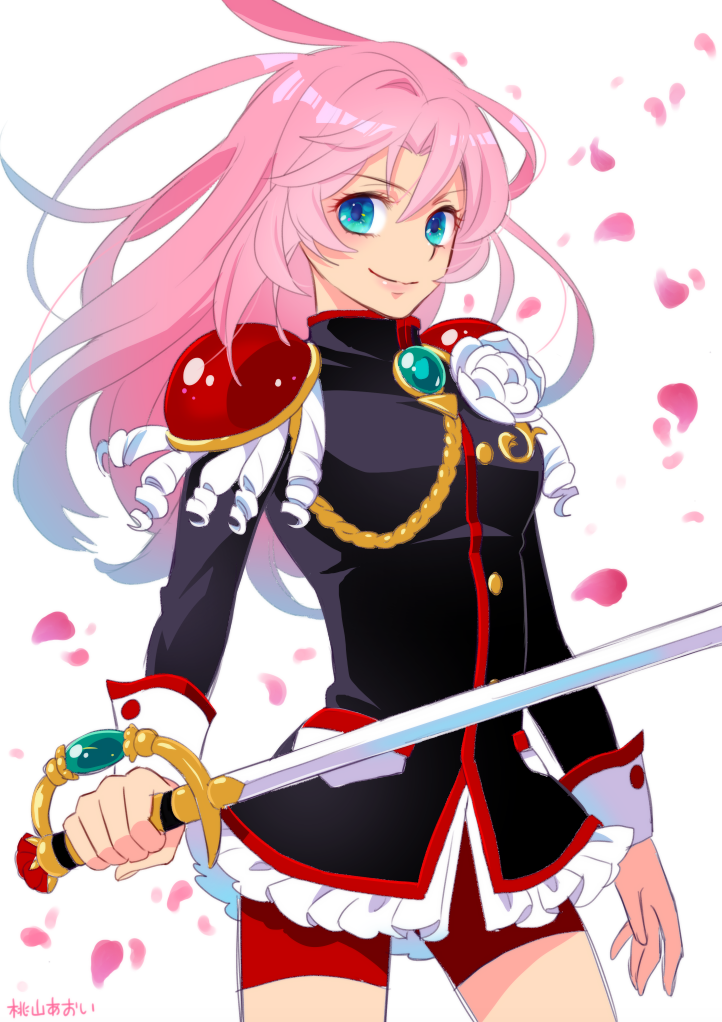 &gt;:) 1girl blue_eyes closed_mouth cowboy_shot epaulettes gradient_hair holding holding_weapon long_hair looking_at_viewer momoyama_aoi multicolored_hair petals pink_hair rapier shoujo_kakumei_utena sword tenjou_utena weapon