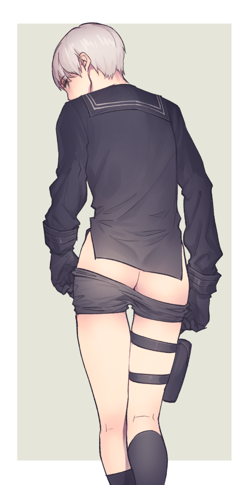 1boy ass black_gloves black_legwear butcher_shop from_behind gloves holster looking_back male_focus nier_(series) nier_automata outside_border shorts socks thigh_holster undressing white_hair yorha_no._9_type_s