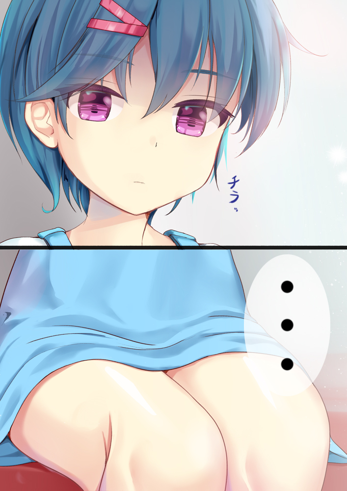 ... 1girl bangs blue_dress blue_hair closed_mouth collarbone dress eyebrows_visible_through_hair hair_between_eyes hair_ornament hairclip looking_at_viewer minami_(niiya) niiya original shirt short_hair short_sleeves sitting solo spoken_ellipsis violet_eyes white_shirt