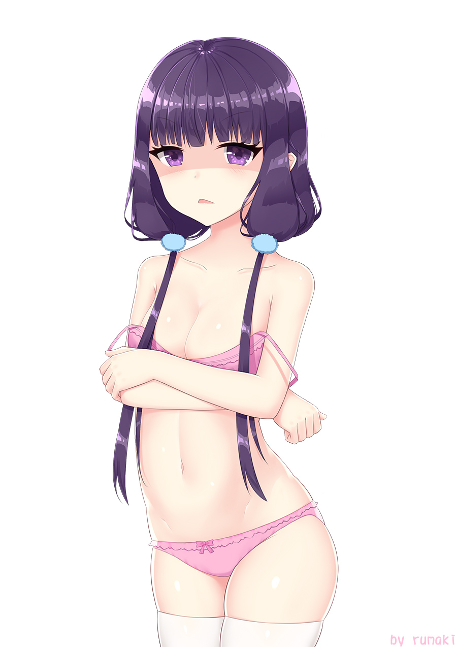 1girl artist_name bangs bare_arms bare_shoulders blend_s blunt_bangs bow bow_panties bra breasts cleavage collarbone covering_breasts crossed_arms eyebrows_visible_through_hair highres long_hair looking_at_viewer low_twintails navel open_mouth panties pink_bow pink_bra pink_panties purple_hair rumaki sakuranomiya_maika shiny shiny_hair shiny_skin small_breasts solo stomach strap_slip thigh-highs triangle_mouth tsurime twintails underwear underwear_only violet_eyes white_legwear