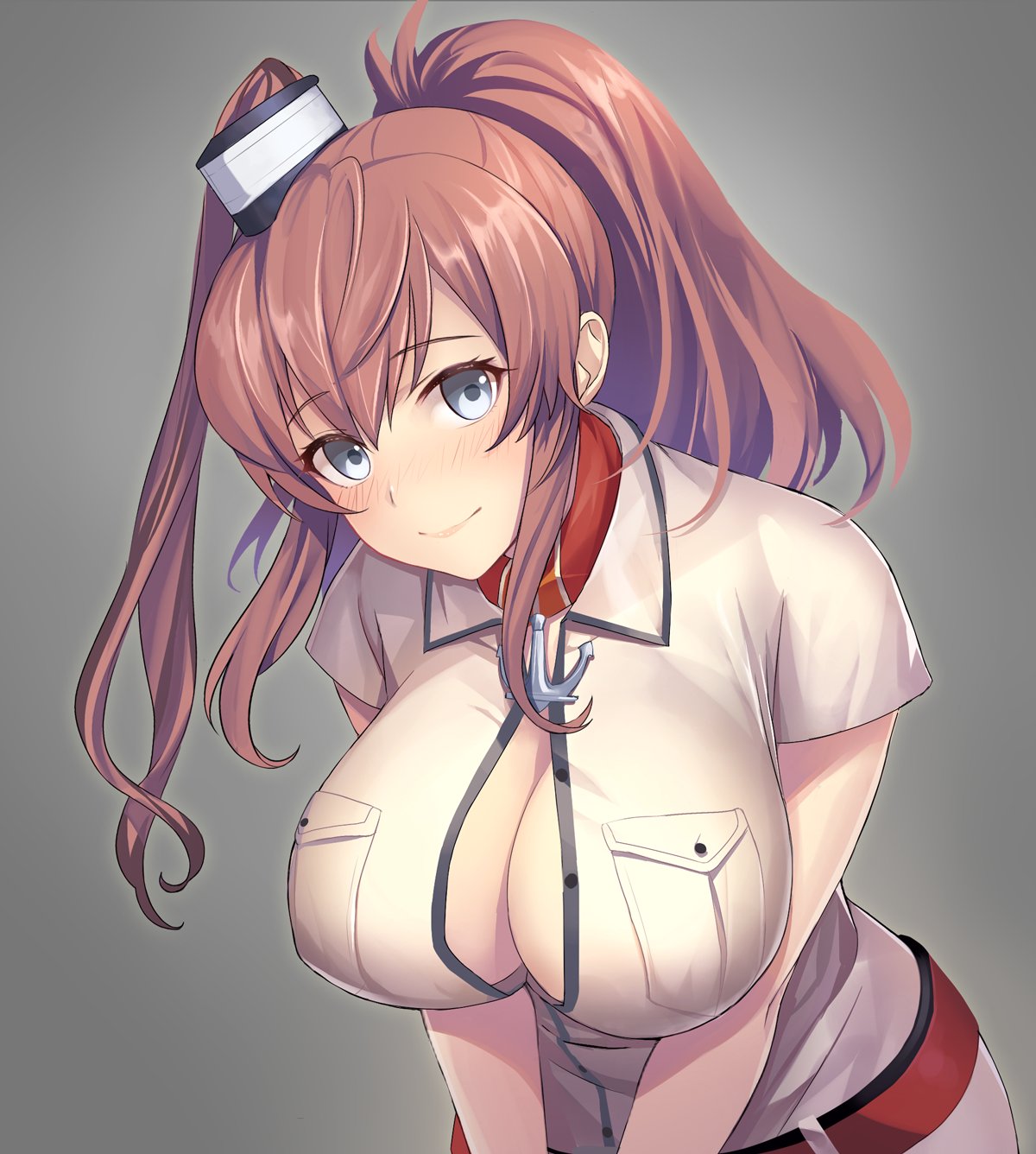 1girl blouse blue_eyes blush breast_pocket breasts brown_hair cleavage closed_mouth hair_between_eyes highres kantai_collection large_breasts leaning_forward looking_at_viewer neckerchief open_blouse open_clothes pantsu_majirou pocket ponytail red_belt red_neckwear saratoga_(kantai_collection) side_ponytail sidelocks simple_background smile solo upper_body white_blouse