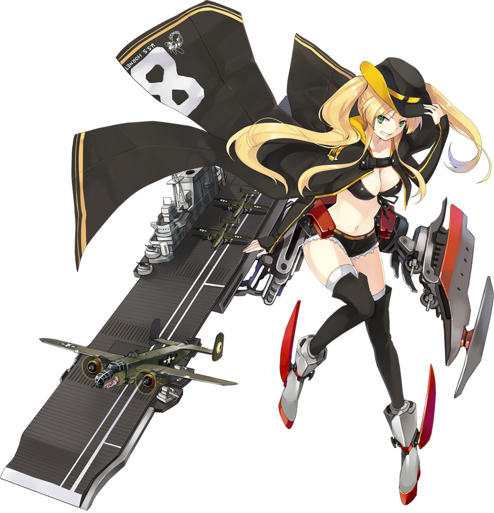 1girl aircraft airplane azur_lane belt bikini_top black_bikini_top black_hat black_legwear black_ribbon black_shorts blonde_hair breasts cleavage clothes_writing cowboy_hat cutoffs eyebrows facing_away flight_deck floating_hair front-tie_bikini front-tie_top green_eyes grey_footwear grin groin hair_tie hand_on_headwear hao_(patinnko) hat hornet hornet_(azur_lane) long_hair long_sleeves machinery medium_breasts midriff navel number over-kneehighs ribbon short_shorts shorts sidelocks sleeves_past_wrists smile solo stomach teeth thigh-highs turret twintails yellow_belt zettai_ryouiki