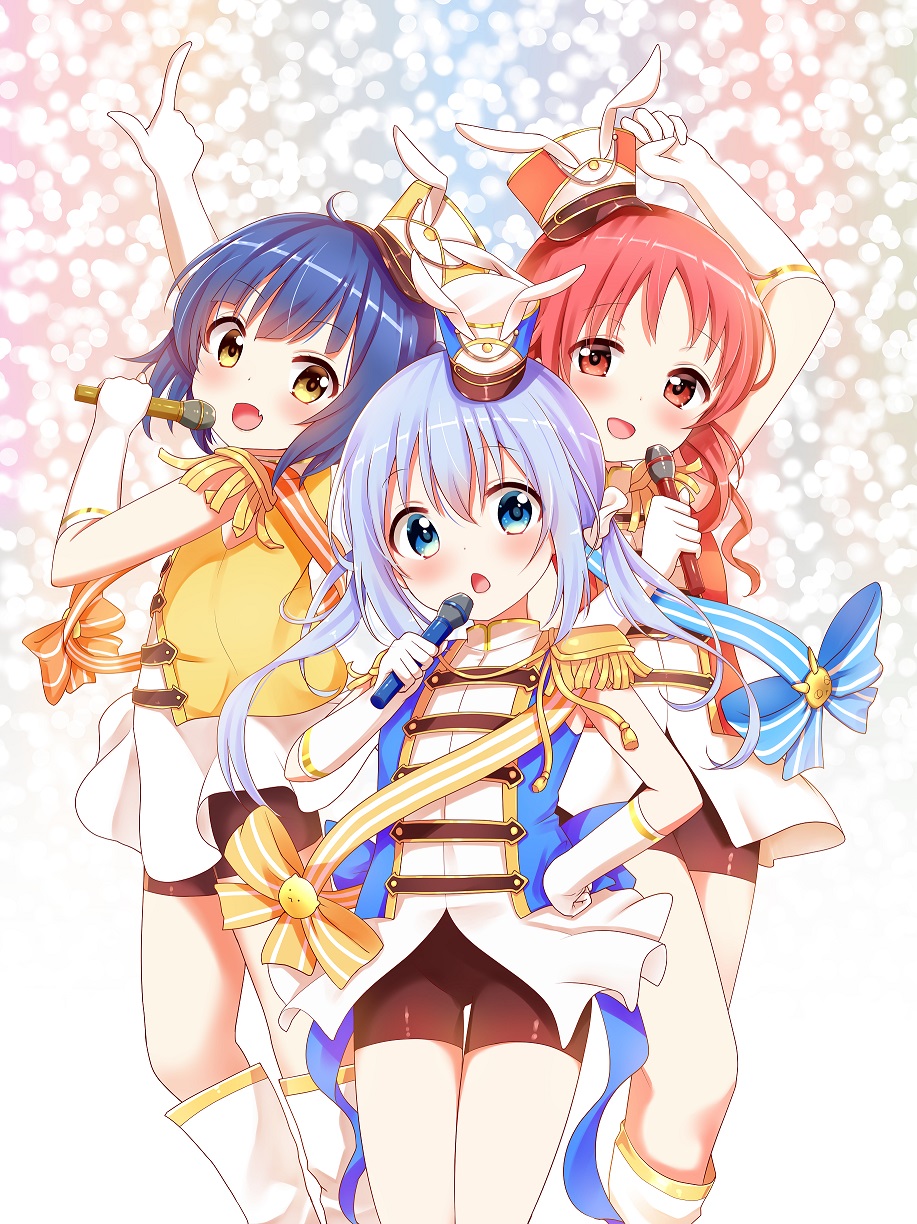 3girls :d :o alternate_costume alternate_hairstyle animal_ears arm_up band bangs bike_shorts black_shorts blue_eyes blue_hair blue_hat blue_vest blush chimame-tai cowboy_shot dress epaulettes eyebrows_visible_through_hair fake_animal_ears flat_chest gochuumon_wa_usagi_desu_ka? hair_between_eyes hat highres holding index_finger_raised jouga_maya kafuu_chino light_blue_hair long_hair looking_at_viewer microphone multicolored multicolored_background multiple_girls natsu_megumi open_mouth piripun rabbit_ears red_eyes red_hat red_vest redhead short_hair shorts showgirl_skirt sidelocks sleeveless sleeveless_dress smile twintails vest yellow_eyes yellow_hat yellow_vest