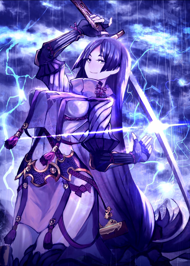 1girl bangs bodysuit breasts covered_navel fate/grand_order fate_(series) fingerless_gloves gloves holding holding_sword holding_weapon katana large_breasts loincloth long_hair looking_at_viewer low-tied_long_hair minamoto_no_raikou_(fate/grand_order) parted_bangs purple_bodysuit purple_hair ribbed_sleeves rope sanshouuo solo sword tabard very_long_hair violet_eyes weapon