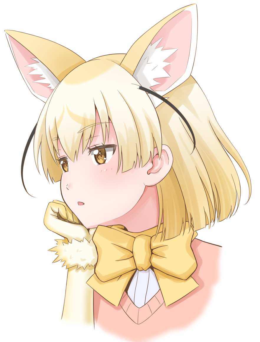 1girl animal_ears blonde_hair bow bowtie brown_eyes extra_ears eyebrows_visible_through_hair fennec_(kemono_friends) fox_ears fur_trim gloves hand_on_own_chin kemono_friends looking_to_the_side pink_sweater short_hair simple_background solo sweater takatsuki_nao white_background yellow_gloves yellow_neckwear