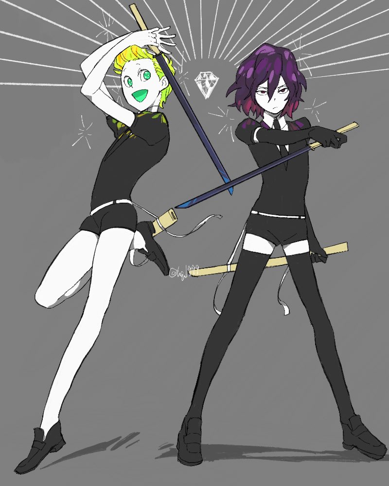 aizawa_shouta androgynous black_neckwear blonde_hair boku_no_hero_academia crossover crystal_hair full_body fusion genderswap green_eyes grey_background houseki_no_kuni necktie present_mic purple_hair shorts simple_background smile tamago_toji thigh-highs uniform white_skin