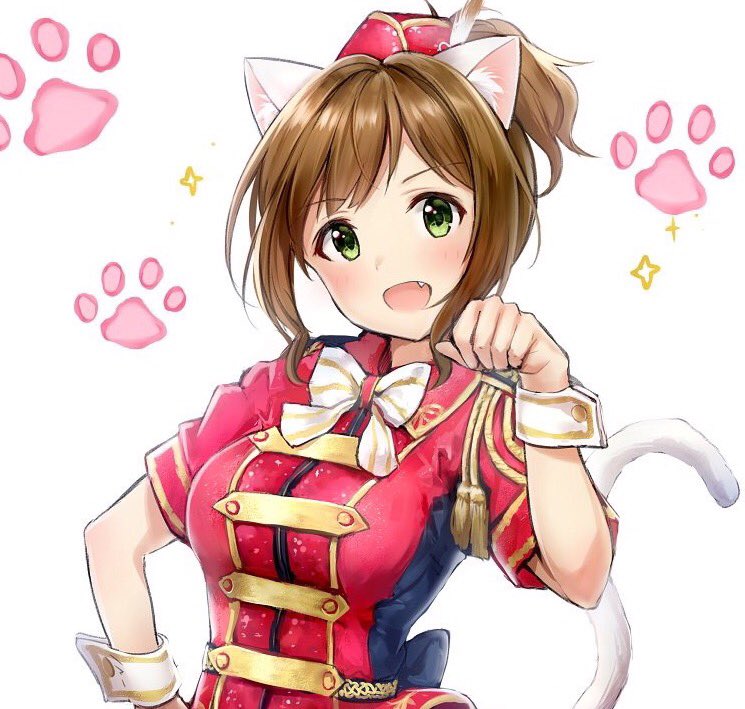 1girl animal_ears bangs blush bow bowtie brown_hair cat_ears cat_tail commentary_request fang feathers green_eyes hair_feathers hand_on_hip hand_up hat idolmaster idolmaster_cinderella_girls maekawa_miku open_mouth paw_pose paw_print ponytail red_shirt shirt short_hair simple_background smile solo sparkle tail takeashiro white_background wrist_cuffs