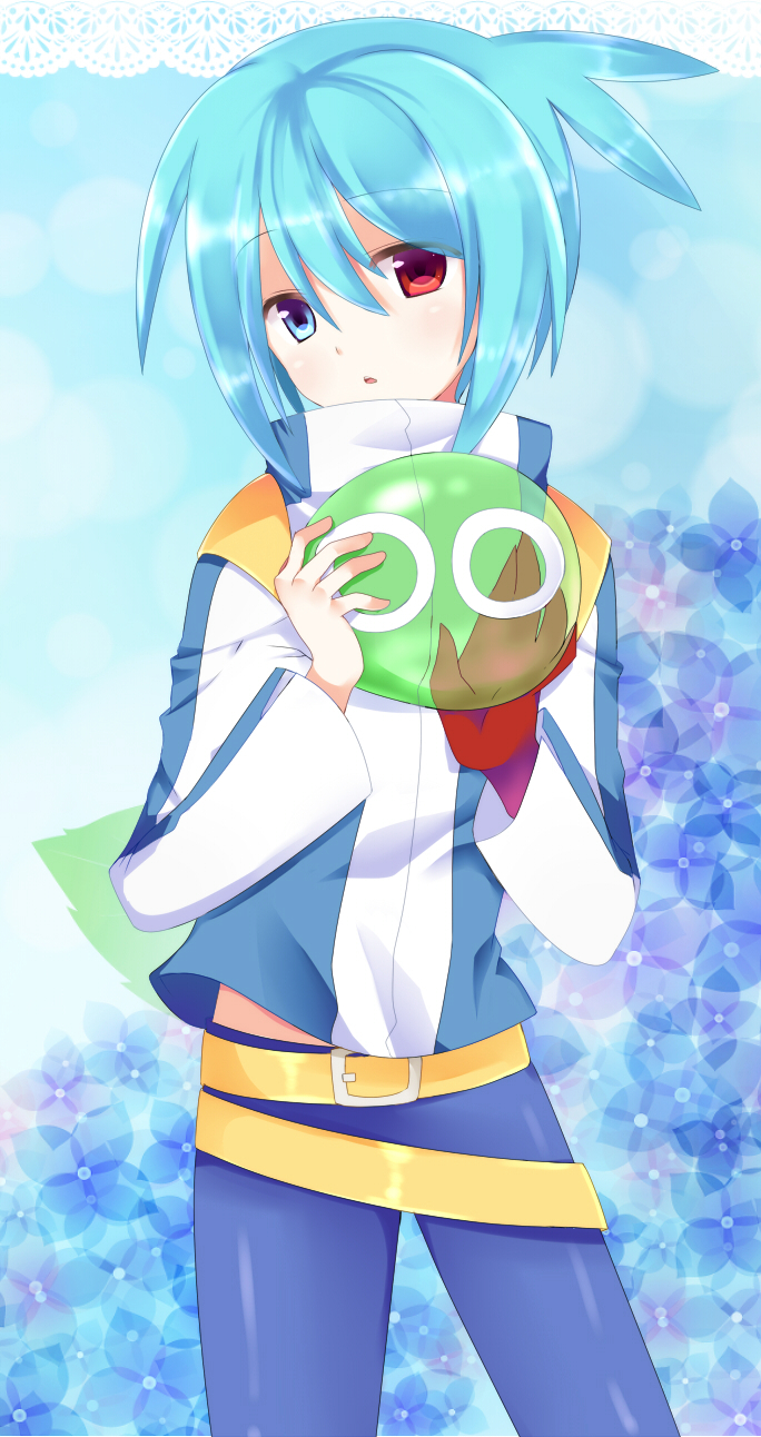 1boy bad_id bad_pixiv_id belt blue_eyes blue_hair blush eyebrows_visible_through_hair flower heterochromia highres long_sleeves looking_at_viewer parted_lips puyopuyo red_eyes rento_(rukeai) short_hair sig_(puyopuyo) solo