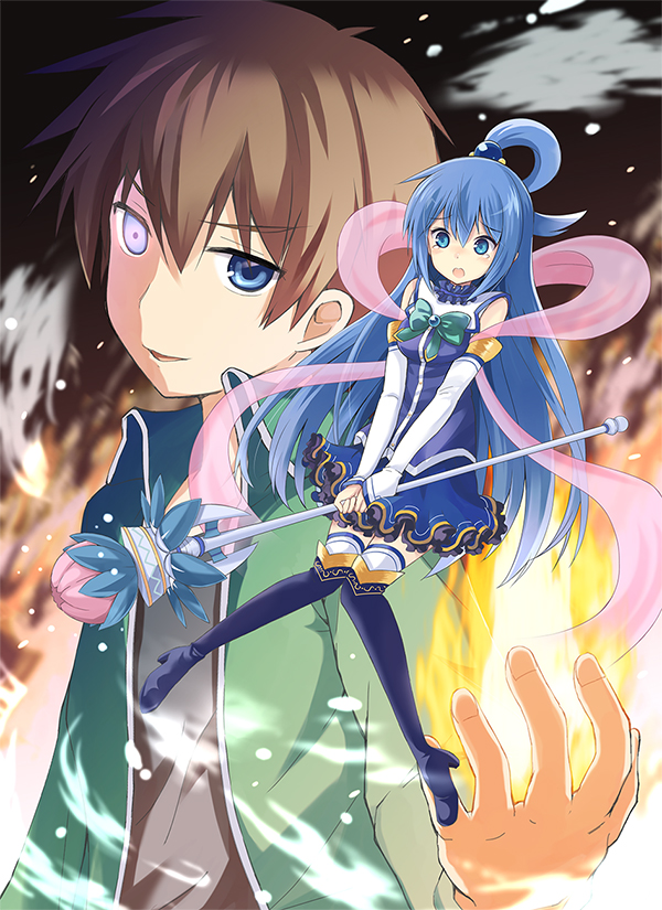 1boy aqua_(konosuba) blue_eyes blue_footwear blue_hair blue_legwear blue_shirt blue_skirt boots bow brown_hair detached_sleeves fire glowing glowing_eyes green_bow hagoromo hair_ornament hair_rings jacket kono_subarashii_sekai_ni_shukufuku_wo! satou_kazuma shawl shirt skirt tears thigh-highs thigh_boots track_jacket track_suit watari_shinji