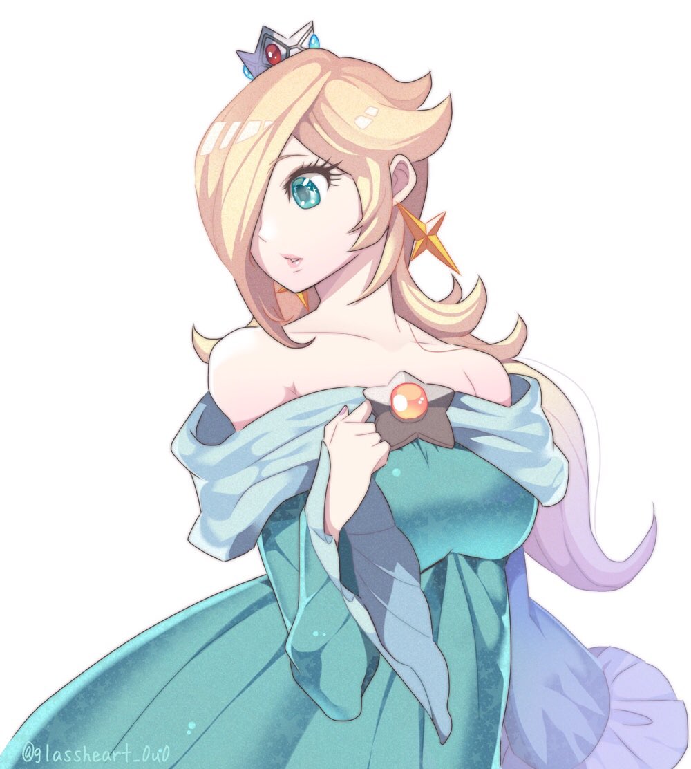 1girl bare_shoulders blonde_hair blush breasts collarbone crown dress earrings hair_over_one_eye jewelry long_hair super_mario_bros. necklace omochi_(glassheart_0u0) rosetta_(mario) solo star star_earrings super_mario_bros. super_mario_galaxy
