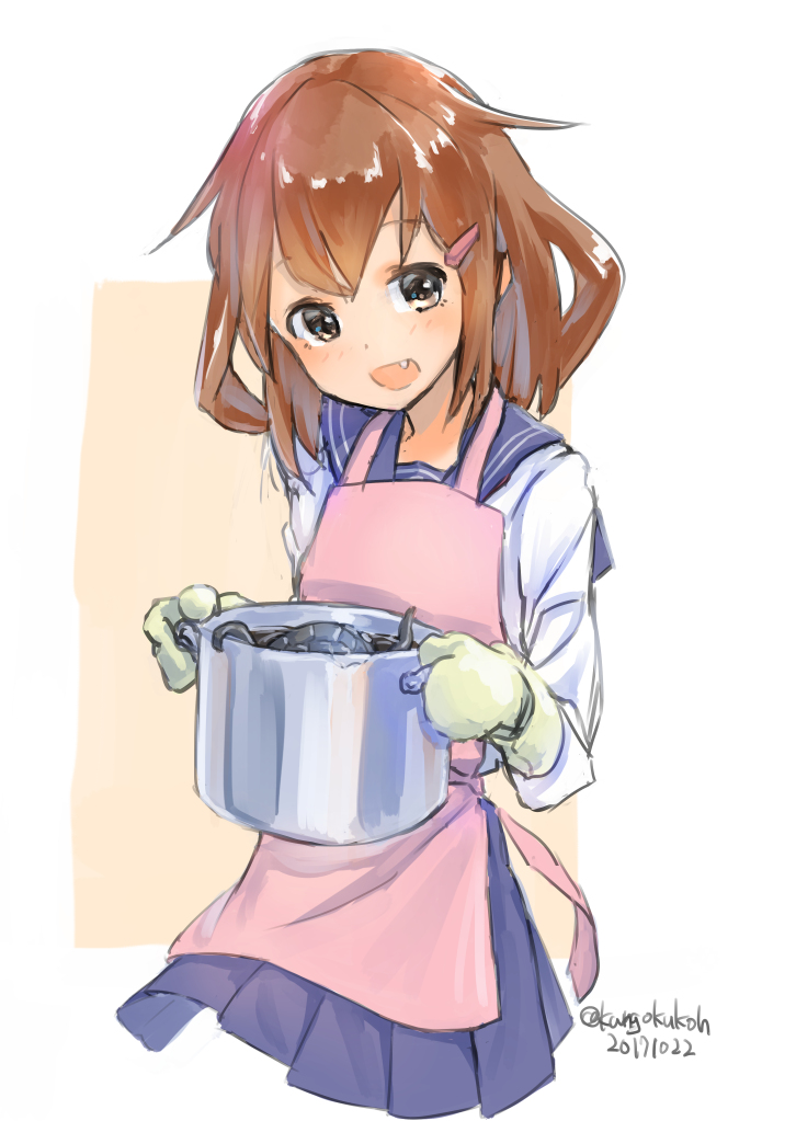 1girl apron blue_sailor_collar blue_skirt brown_eyes brown_hair cowboy_shot dated fang ikazuchi_(kantai_collection) kangoku_kou kantai_collection looking_at_viewer open_mouth oven_mitts pink_apron pleated_skirt pot school_uniform serafuku short_hair skirt smile solo twitter_username