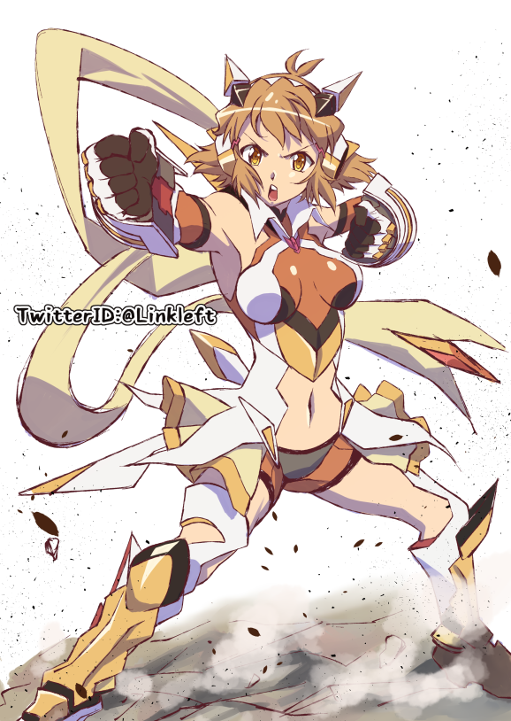 1girl bare_shoulders boots breasts brown_hair clenched_hands commentary_request cracked_floor elbow_gloves fighting_stance full_body gauntlets gloves hair_ornament headgear link_(aa30) looking_at_viewer medium_breasts navel open_mouth orange_eyes scarf senki_zesshou_symphogear shiny shiny_clothes shiny_hair short_hair shorts solo standing tachibana_hibiki_(symphogear) teeth twitter_username