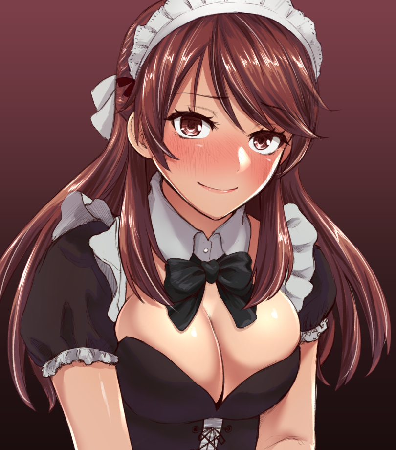 1girl blush bow brave_witches breasts brown_eyes brown_hair cleavage commentary gradient gradient_background hair_bow karibuchi_takami liar_lawyer long_hair looking_at_viewer maid maid_headdress short_sleeves smile solo world_witches_series