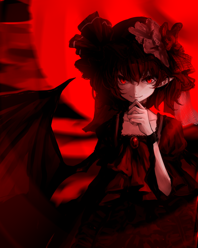 1girl ascot bat_wings brooch choker closed_mouth dark fang_out full_moon hand_up hat hat_ribbon jewelry looking_at_viewer m.u.g.e.n moon pointy_ears puffy_sleeves red red_eyes red_moon remilia_scarlet ribbon rion_(glayjirobass) smile solo touhou upper_body wings