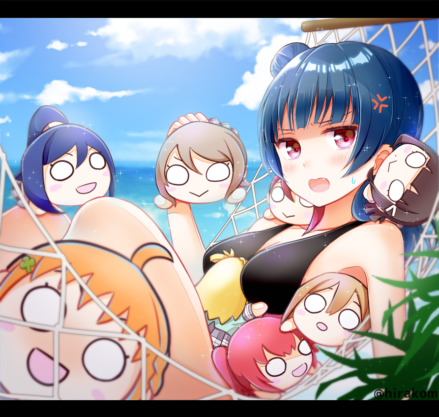 6+girls anger_vein bangs bare_shoulders between_breasts bikini black_bikini blue_hair blue_sky blunt_bangs blush breasts chibi clouds day hair_bun hammock hirako knees_up kunikida_hanamaru kurosawa_dia kurosawa_ruby letterboxed looking_at_viewer love_live! love_live!_sunshine!! matsuura_kanan multiple_girls nesoberi ocean ohara_mari open_mouth outdoors person_between_breasts red_eyes sakurauchi_riko side_bun sky solo_focus sparkle swimsuit takami_chika tsushima_yoshiko watanabe_you