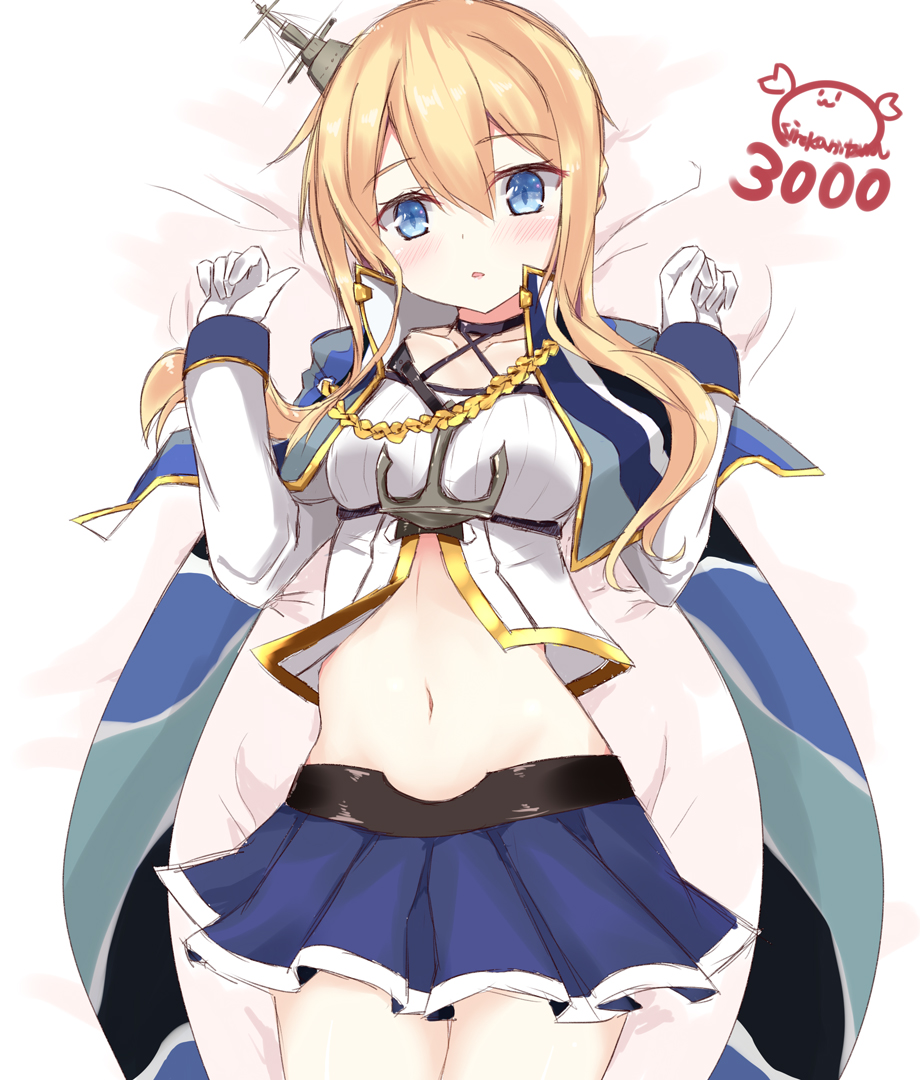 1girl anchor azur_lane bangs blonde_hair blue_eyes blue_skirt blush braid breasts capelet collarbone commentary_request cowboy_shot crop_top eyebrows_visible_through_hair gloves hair_between_eyes halter_top halterneck hands_up hat kanitama long_hair long_sleeves looking_at_viewer lying medium_breasts midriff mini_hat navel parted_lips pleated_skirt renown_(azur_lane) shirt sidelocks signature skirt solo tareme white_gloves white_shirt