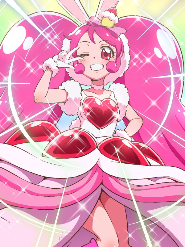 1girl a_la_mode_style_(precure) animal_ears bow cake_hair_ornament choker cropped_legs cure_whip dress food_themed_hair_ornament gloves grin hair_bow hair_ornament hand_on_hip kirakira_precure_a_la_mode layered_dress long_hair looking_at_viewer magical_girl one_eye_closed pink_bow pink_hair precure rabbit_ears red_eyes smile solo sparkle tj-type1 usami_ichika v white_gloves white_neckwear