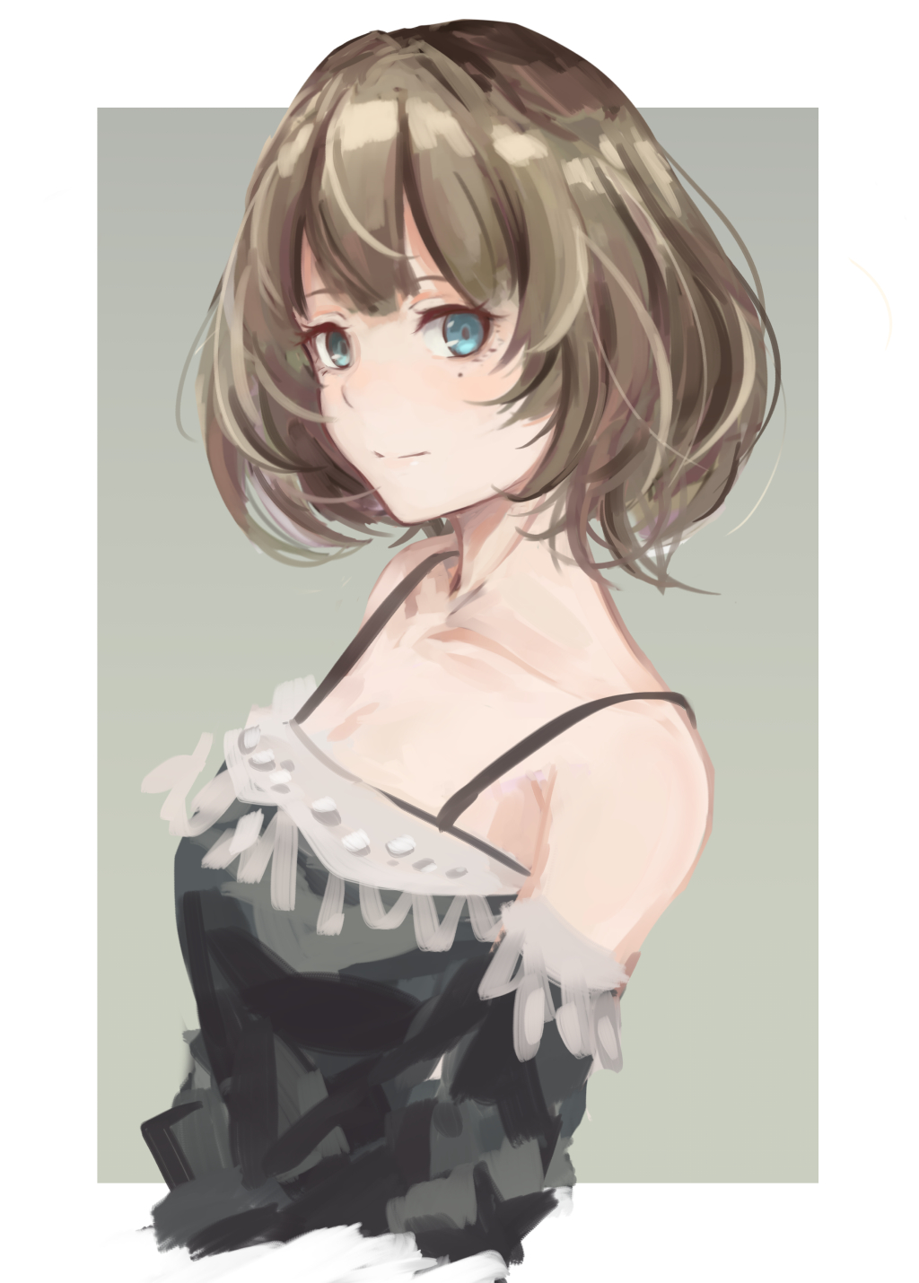 1girl aqua_eyes arms_at_sides bare_shoulders black_tank_top breasts brown_hair closed_mouth detached_sleeves from_side green_background green_eyes heterochromia highres idolmaster idolmaster_cinderella_girls lips looking_at_viewer mole mole_under_eye senaya_eru short_hair simple_background sketch small_breasts smile solo spaghetti_strap square takagaki_kaede tank_top upper_body