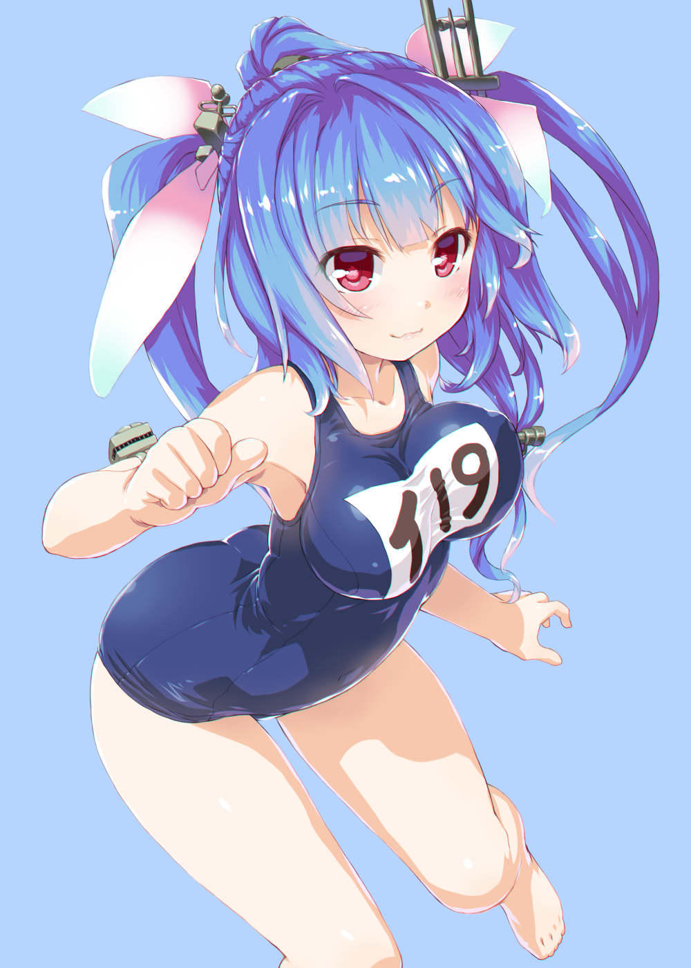 1girl arm_strap ass blue_background blue_swimsuit blush breasts collarbone dd_(ijigendd) hair_ornament hair_ribbon highres i-19_(kantai_collection) kantai_collection long_hair looking_at_viewer medium_breasts one-piece_swimsuit purple_hair red_eyes ribbon school_swimsuit simple_background smile solo swimsuit tri_tails wavy_mouth