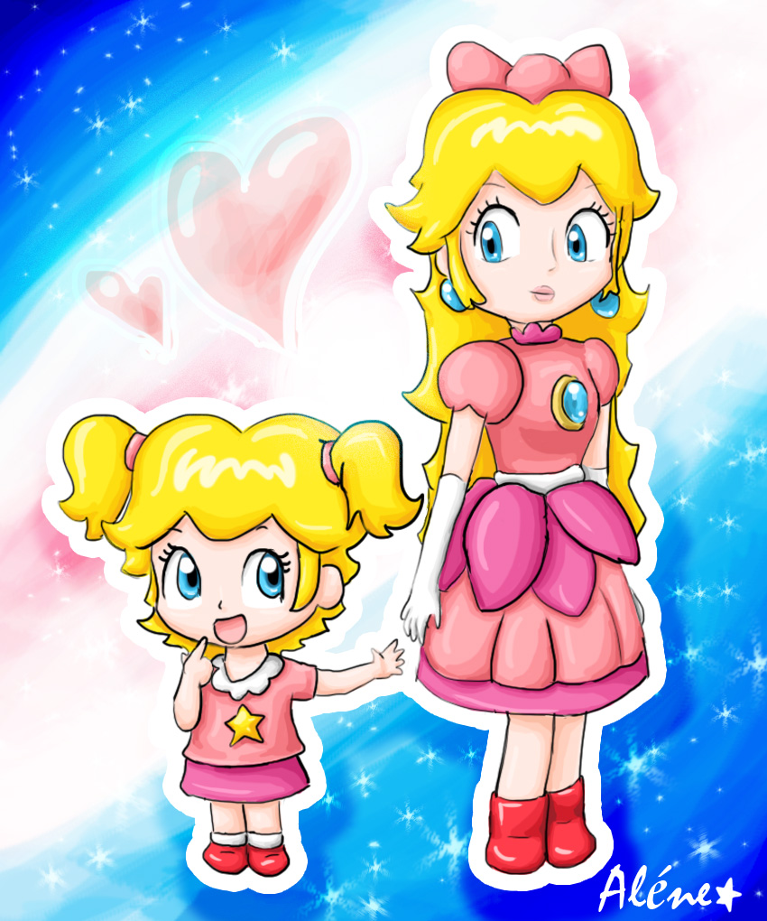 2girls :d adult alenestar baby baby_peach blonde_hair blue_eyes child deviantart dress earrings elbow_gloves gem gloves heart lips long_hair super_mario_bros. multiple_girls multiple_persona nintendo open_mouth parted_lips pink_dress princess_peach ribbon star super_mario super_mario_bros. time_paradox twintails white_gloves younger