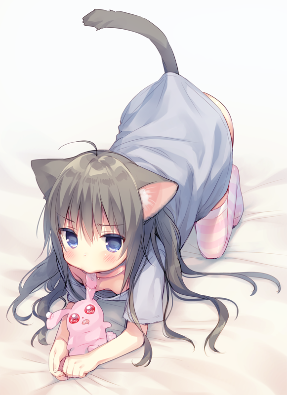 1girl ahoge all_fours animal_ears bangs bed_sheet biting black_hair blue_eyes blush breasts cat_ears cat_girl cat_tail commentary_request downblouse ear_biting eyebrows_visible_through_hair full_body grey_shirt hair_between_eyes kuu_(mani) long_hair looking_at_viewer no_pants no_shoes original shirt short_sleeves small_breasts solo striped striped_legwear stuffed_animal stuffed_bunny stuffed_toy tail thigh-highs usashiro_mani