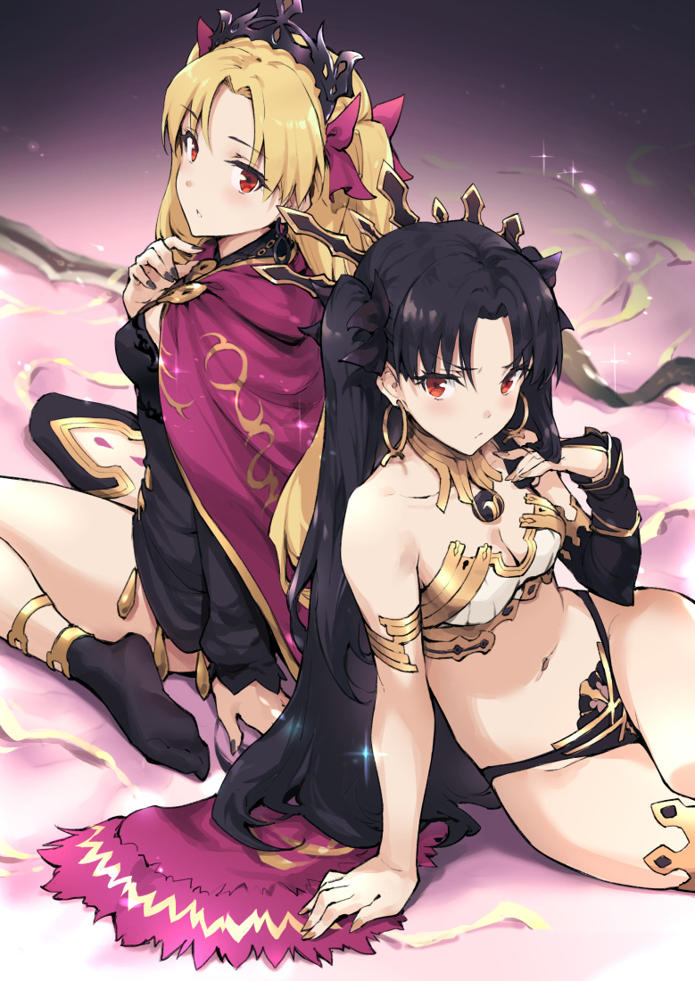 2girls arm_support armlet asymmetrical_legwear bangs black_hair black_legwear black_ribbon blonde_hair blush breasts bridal_gauntlets cleavage cloak crown earrings elbow_gloves ereshkigal_(fate/grand_order) fate/grand_order fate_(series) gloves hair_ribbon haoni hood hooded_cloak hoodie hoop_earrings ishtar_(fate/grand_order) jewelry long_hair long_sleeves looking_at_viewer meido multiple_girls nail_polish parted_lips red_eyes red_ribbon ribbon single_elbow_glove single_thighhigh sitting sparkle thigh-highs tiara two_side_up wariza