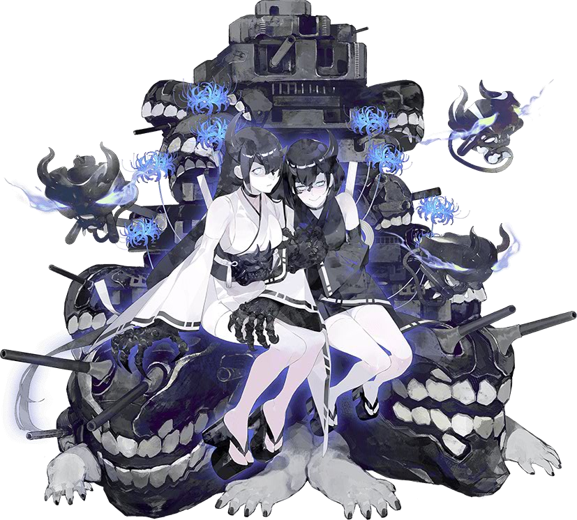 2girls black_hair character_request claws dark_persona demon_girl detached_sleeves fusou_(kantai_collection) japanese_clothes kantai_collection multiple_girls night_strait_hime nontraditional_miko official_art pt_imp_group shinkaisei-kan yamashiro_(kantai_collection)