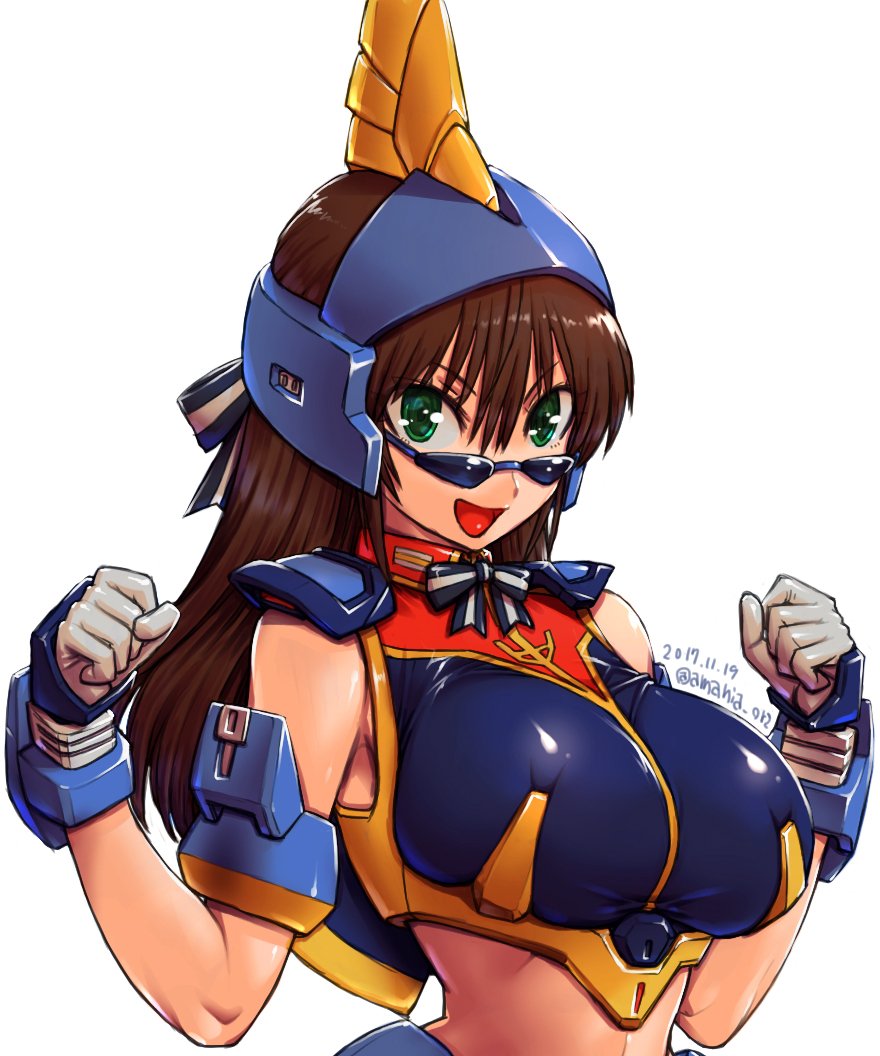 1girl :d amania_orz armpit_peek barzam blush breasts brown_hair crop_top gloves green_eyes gundam hair_between_eyes helm helmet large_breasts long_hair looking_at_viewer open_mouth personification smile solo sunglasses upper_body v-shaped_eyebrows white_gloves