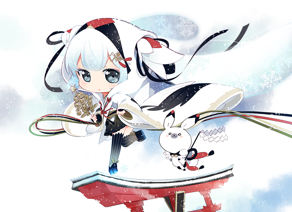 1girl blue_eyes chibi hatsune_miku japanese_clothes kimono long_hair looking_at_viewer mao_yu snow_bunny snowflakes solo striped striped_legwear thigh-highs torii twintails uchikake vocaloid wide_sleeves yuki_miku