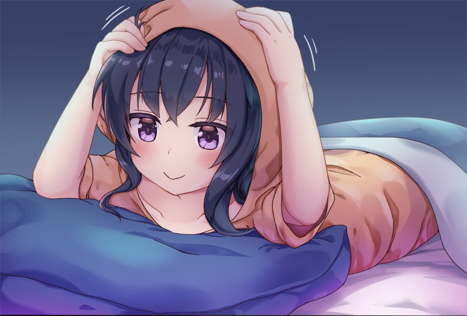 1girl bed black_hair hood hoodie long_hair lying migumi_(niiya) niiya on_bed on_stomach original pillow smile solo under_covers violet_eyes