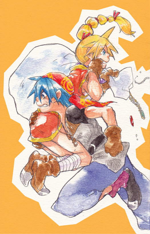 1boy 1girl blonde_hair blue_hair braid breasts chrono_cross gloves jewelry kid_(chrono_cross) long_hair midriff mihoka necklace ponytail serge short_hair single_braid skirt smile traditional_media vest watercolor_(medium)