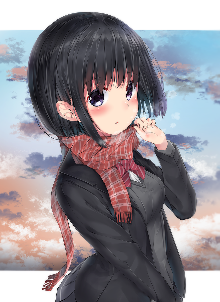 1girl adjusting_scarf bangs black_hair black_jacket blush bow bowtie breath clouds cowboy_shot enpera eyebrows_visible_through_hair highres jacket long_sleeves looking_at_viewer neku_(neku_draw) original outside_border parted_lips plaid plaid_scarf pleated_skirt scarf school_uniform short_hair skirt sky solo steam tareme twilight violet_eyes