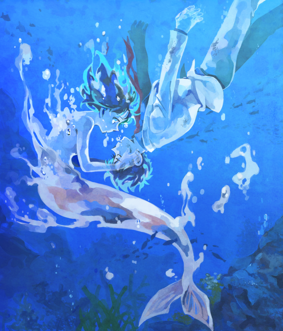 1boy 1girl black_hair blue bubble coral fish kuroba_kaito magic_kaito medium_hair mermaid monster_girl monsterification nattyanjuice profile red_neckwear underwater