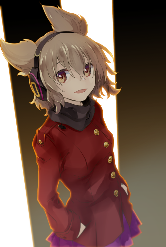 1girl alternate_costume brown_eyes earmuffs epaulettes hands_in_pockets jacket light_brown_hair looking_at_viewer makuwauri open_mouth pointy_hair purple_skirt red_jacket skirt solo touhou toyosatomimi_no_miko