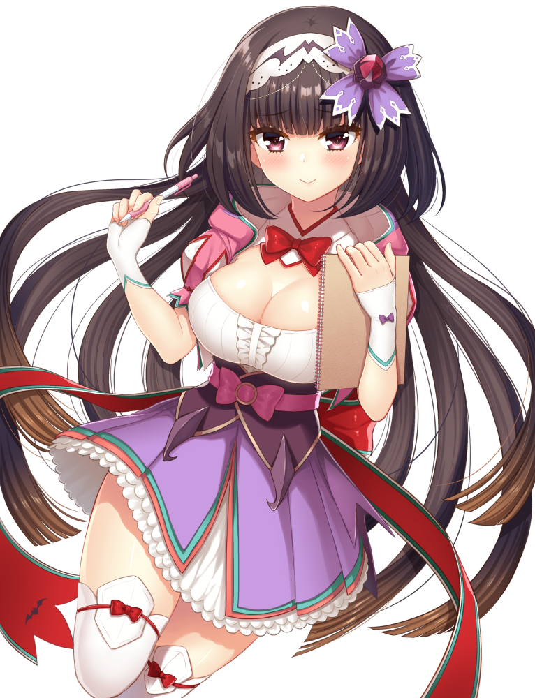 1girl black_hair blush breasts brown_hair cleavage fate/grand_order fate_(series) glasses gloves gradient_hair hairband hood large_breasts long_hair looking_at_viewer multicolored_hair nakamura_hinato osakabe-hime_(fate/grand_order) simple_background smile solo thigh-highs very_long_hair violet_eyes white_background white_legwear