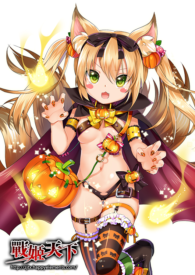 1girl :3 :d animal_ears armband asymmetrical_legwear black_bow black_footwear black_panties blonde_hair blush_stickers bow bowtie breasts cape claw_pose copyright_name cowboy_shot eyebrows_visible_through_hair fingernails food_themed_hair_ornament fox_ears fox_tail gluteal_fold green_eyes hair_between_eyes hair_bow hair_ornament hairband jack-o'-lantern leg_belt long_hair looking_at_viewer medium_breasts mvv nail_art nail_polish navel official_art open_mouth orange_nails panties pumpkin pumpkin_hair_ornament red_cape revealing_clothes simple_background smile solo standing standing_on_one_leg striped striped_legwear tail thigh-highs thigh_gap twintails underwear v-shaped_eyebrows watermark web_address white_background yellow_neckwear zhan_ji_tian_xia