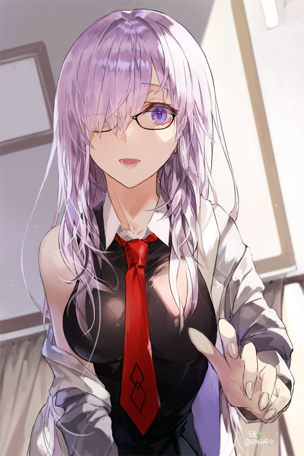 1girl alternate_hair_length alternate_hairstyle artist_name black-framed_eyewear breasts fate/grand_order fate_(series) glasses hair_over_one_eye hand_up hood hoodie indoors kim_eb large_breasts long_hair looking_at_viewer mash_kyrielight necktie open_clothes open_hoodie open_mouth purple_hair red_neckwear shade shielder_(fate/grand_order) smile solo twitter_username upper_body violet_eyes