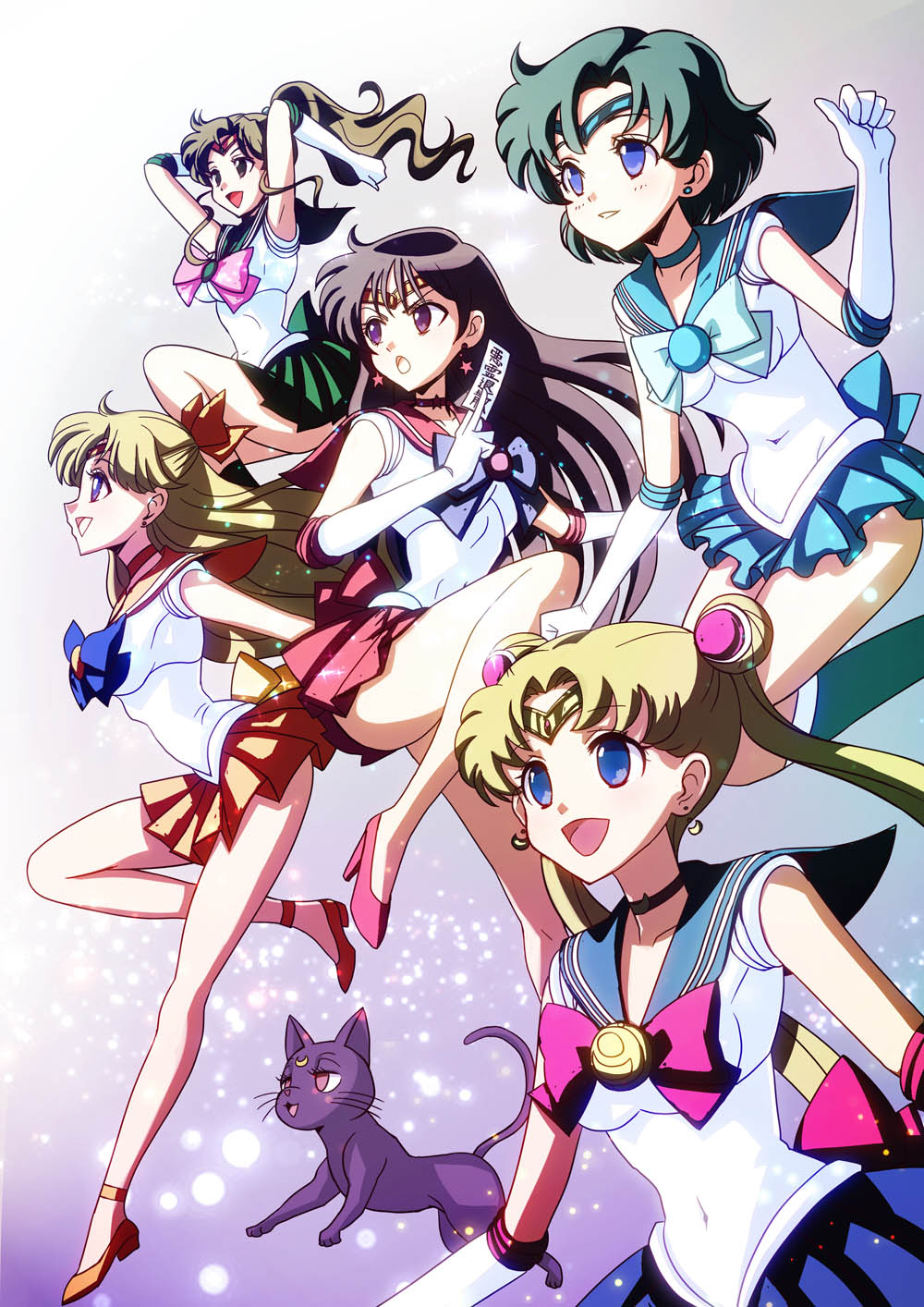 5girls :d aino_minako arms_up bare_legs bishoujo_senshi_sailor_moon choker circlet elbow_gloves gloves hamoto highres hino_rei inner_senshi kino_makoto legs looking_afar luna_(sailor_moon) magical_girl miniskirt mizuno_ami multiple_girls ofuda open_mouth pleated_skirt sailor_collar sailor_jupiter sailor_mars sailor_mercury sailor_moon sailor_venus skirt smile tsukino_usagi twintails white_gloves