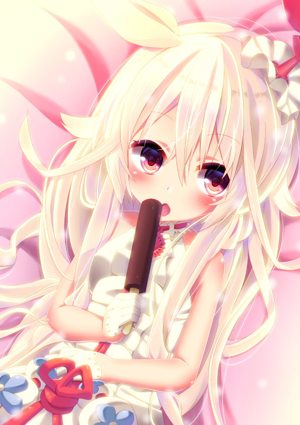 1girl bangs bare_arms bare_shoulders bed_sheet blush choko_(last_period) commentary_request dosu_(yodosu) dress eyebrows_visible_through_hair food frills gloves hair_between_eyes hair_ornament half_gloves holding holding_food ice_cream last_period licking long_hair looking_at_viewer lying on_back parted_lips red_eyes sleeveless sleeveless_dress solo tongue tongue_out very_long_hair white_dress white_gloves white_hair