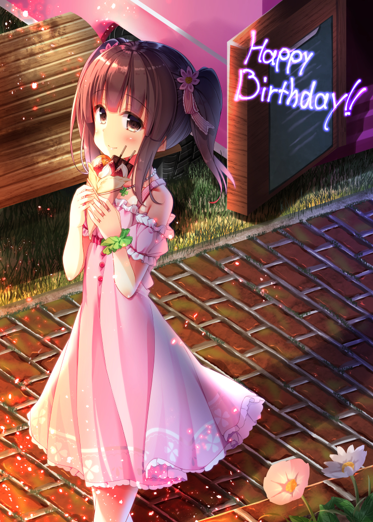1girl bare_shoulders bench blush brown_eyes brown_hair closed_mouth commentary_request crepe day dosu_(yodosu) dress flower food green_scrunchie hair_flower hair_ornament hair_ribbon happy_birthday holding holding_food idolmaster idolmaster_cinderella_girls looking_at_viewer looking_to_the_side off-shoulder_dress off_shoulder ogata_chieri outdoors park_bench pink_dress pink_flower pink_ribbon puffy_short_sleeves puffy_sleeves ribbon scrunchie short_sleeves sign smile solo striped striped_ribbon twintails walking white_flower wrist_scrunchie